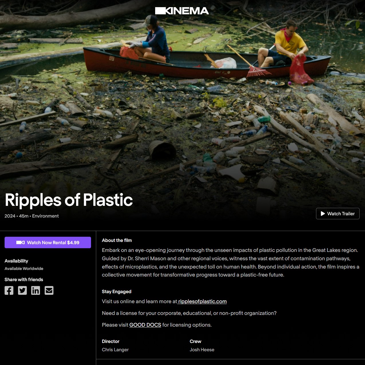 Ripples of Plastic is officially available to rent now!

Since our premiere at the Wild & Scenic Film Festival in 2024, we've been able to share the film across the Great Lakes region partnering with over 25 festivals & community events, screening it to thousands of people.

After two years of incredible festival runs and community impact, you can now rent the film for $4.99.

Visit ripplesofplastic.com to rent the film today!